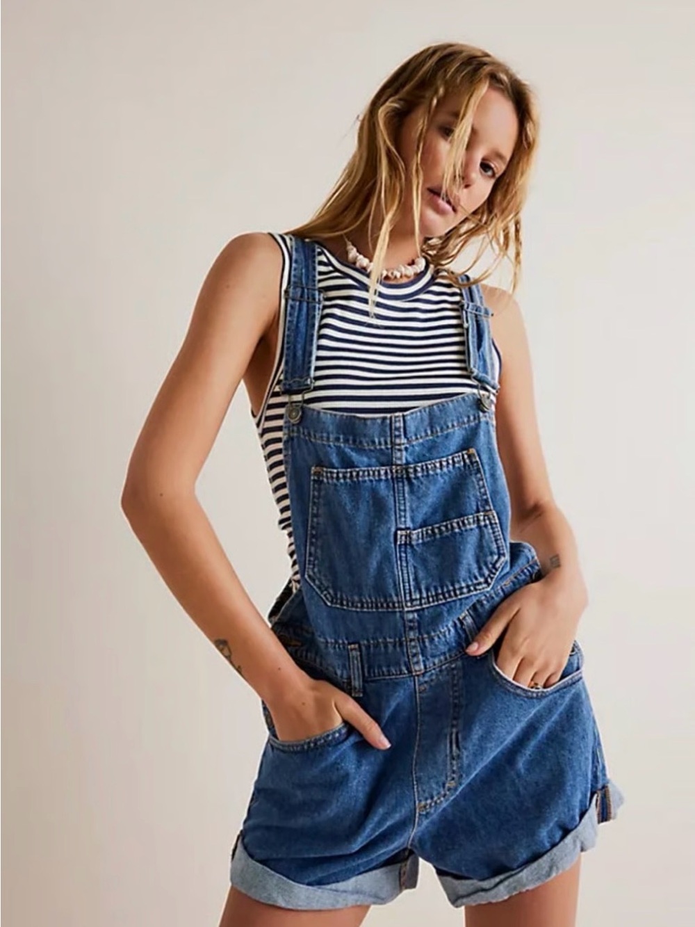 We The Free Ziggy Medium Blue Denim Short Overalls